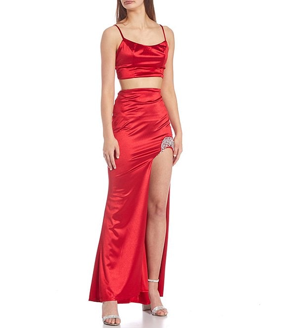 Color:New Red - Image 1 - Power Satin Spaghetti Strap Slit-Bling-Hem Long Two-Piece Dress