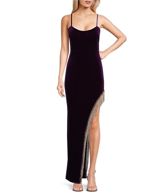 Color:Grape - Image 1 - Scoop Neck Fringe Detail Side Slit Long Dress