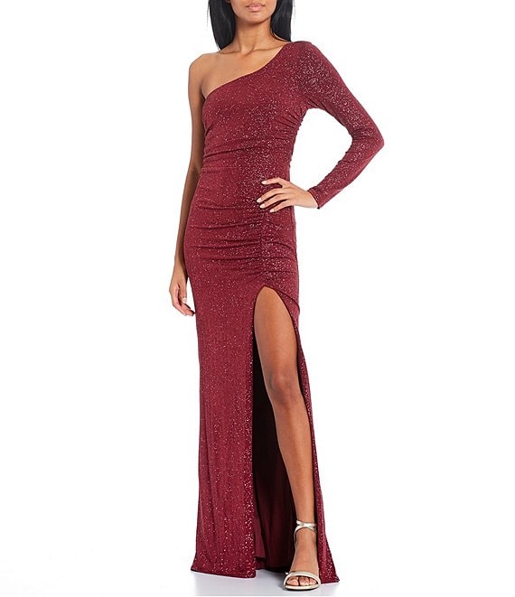 City Vibe Sequin One-Shoulder Long Sleeve Ruched Long Dress | Dillard's