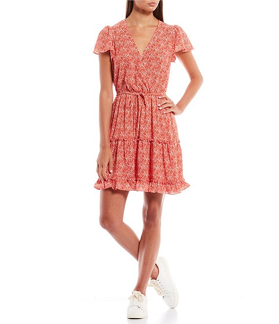Color:Ivory/Red - Image 1 - Short-Sleeve Printed Waist Tie Fit-And-Flare Dress