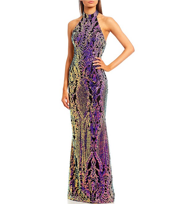 Color:Black/Pink/Blue - Image 1 - Sleevless High Neck Pattern Sequin Slim Long Dress