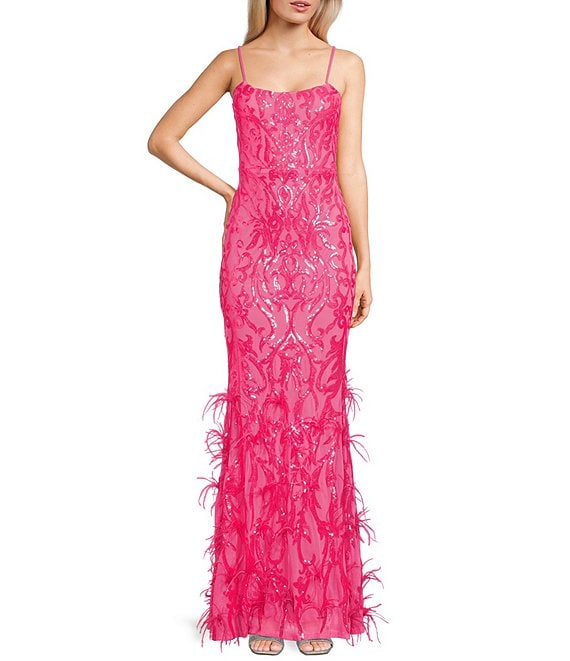 City Vibe Spaghetti Strap Scoop Neck Sequin Feather Long Dress | Dillard's