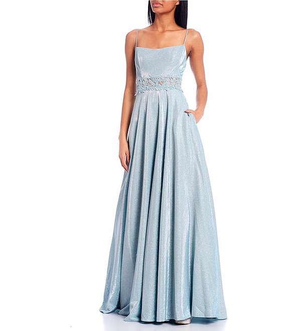 Color:Light Blue/Silver - Image 1 - Spaghetti Strap Square Neck Lace Waist Inset Sherri Shine Shimmer Pleated Ball Gown