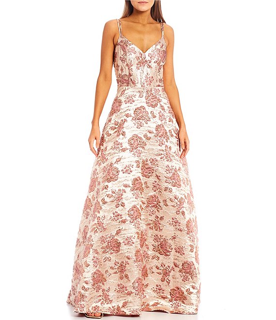 Color:Gold/Mauve - Image 1 - Double Spaghetti Strap Cage Back V-Neck Metallic Floral Jacquard Ball Gown