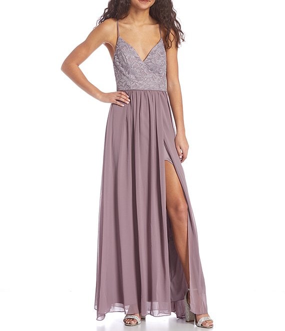 Color:Lavender/Silver - Image 1 - Spaghetti Strap V-Neck Glitter Lace Bodice Cage Back High Slit Hem Long Dress