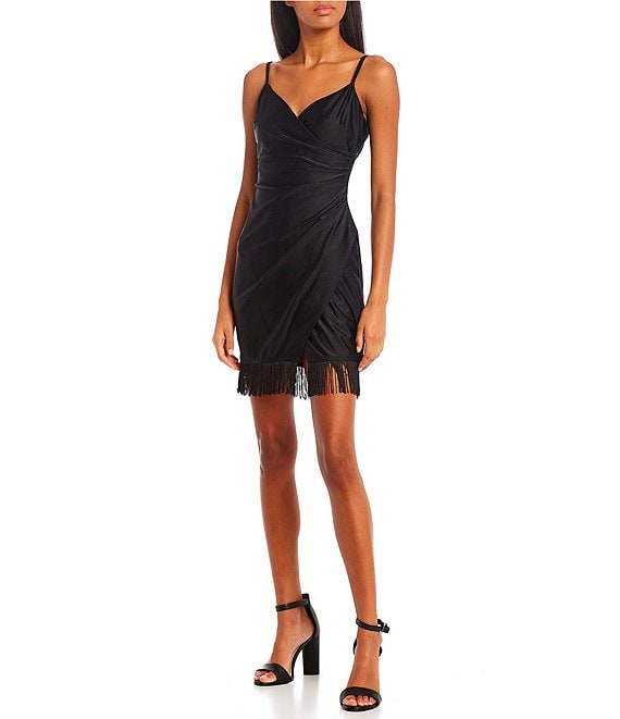 Color:Black - Image 1 - V-Neck Sleeveless Fringe Hem Wrap Dress