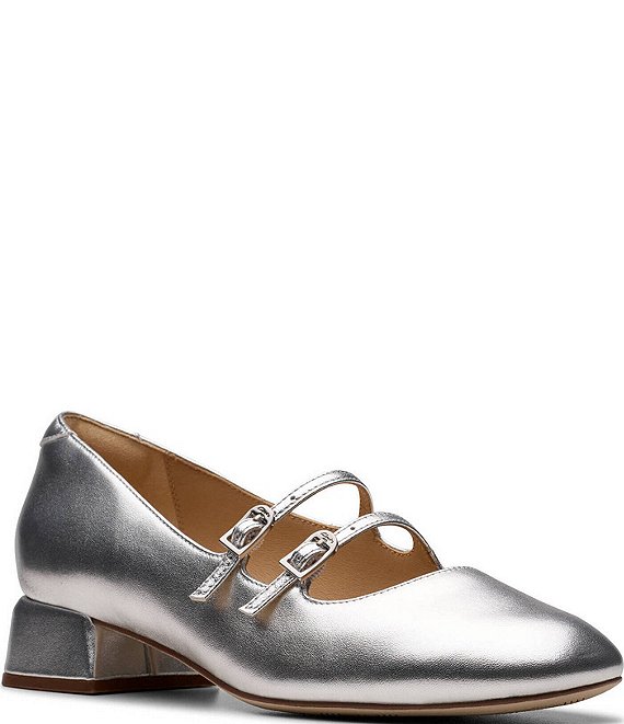 Clarks Signature Daiss 30 Shine Metallic Leather Double Strap Mary Jane Pumps Womens 6 Silver Leather