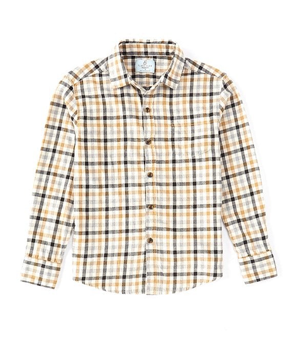 Color:Khaki - Image 1 - Big Boys 8-20 Plaid Flannel Long Sleeve Button Down Shirt