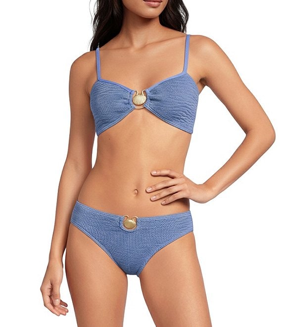 Cleonie Summer Kini Crinkle Gold Shell Solid Detail Swim Top & Queenie Crinkle Gold Shell Solid Hardware Detail Swim Bottom