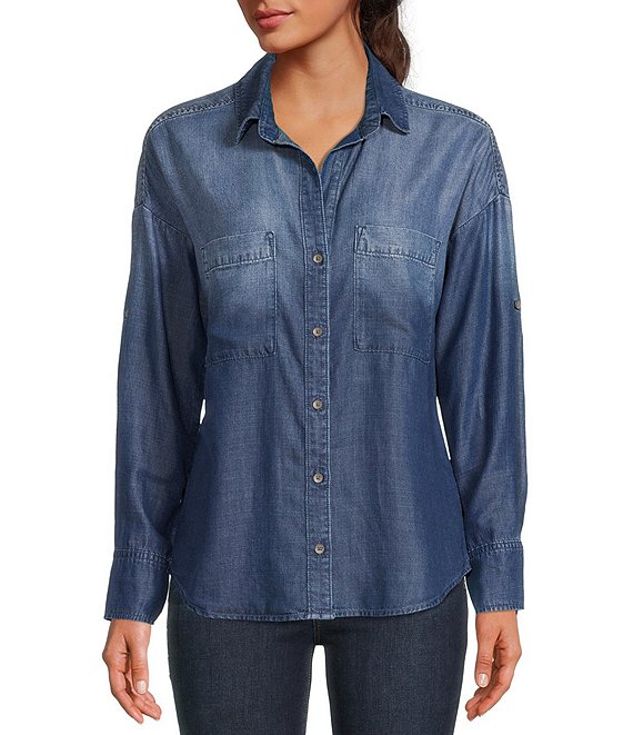 Cloth & Stone Ombre Long Roll-Tab Sleeve Button Front Shirt | Dillard's