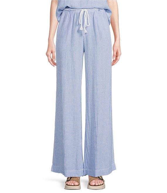 【MODERNIF】Sharp Linen Wide Banding Pants Cloth & Stone Stripe Linen Blend Ruffled Waistband Wide Leg