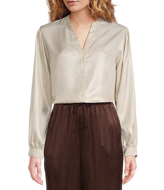 Cloth & Stone Woven Mandarin Collar Long Sleeve Button Down Top, Sunlit Glow - Image 1