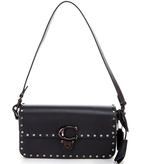 Color:Black - Image 1 - Black Glove Tan Leather with Crystal Rivets Studio Baguette Bag