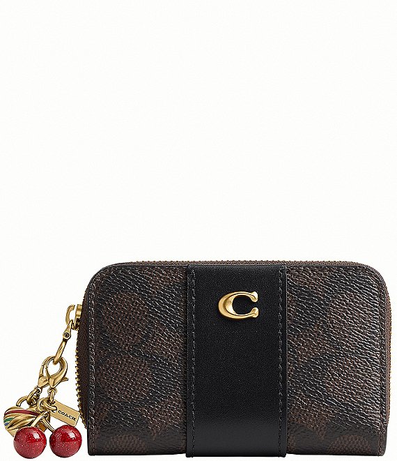 COACH Boxed Essential Small Zip Around Signature Canvas Cherry Heart Charm Card Case Wallet