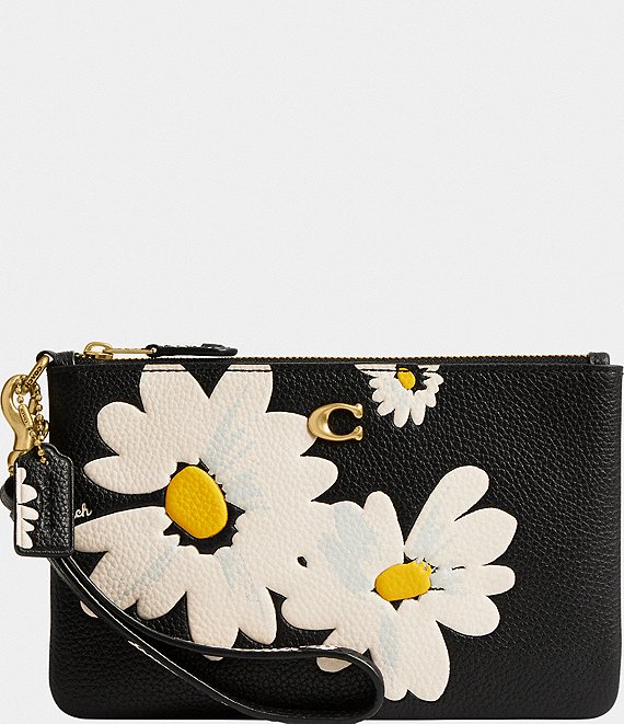 Coach Small Wristlet with Floral Embroidery in Brass/Azure 2024 Pebble Leather NWT