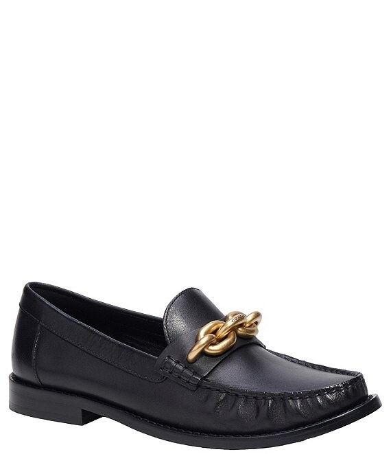 Color:Black/Gold - Image 1 - Jess Leather Chain Loafers