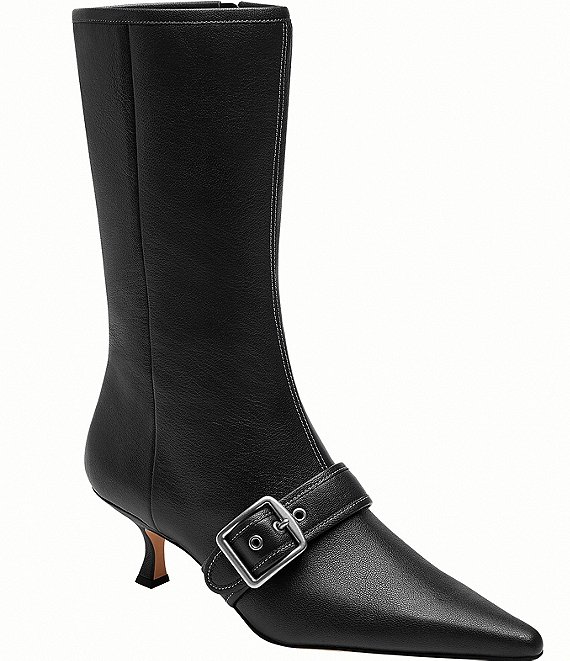 COACH Margot Leather Kitten Heel Buckle Mid Calf Boots