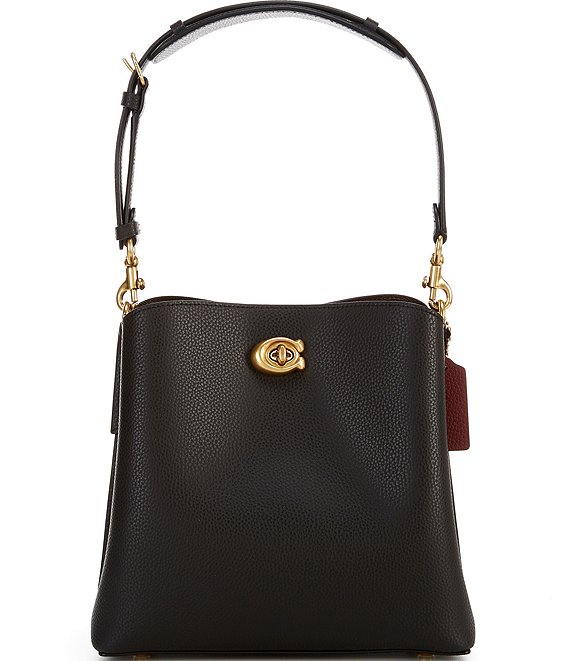 Color:Black/Brass - Image 1 - Willow Black Pebble Leather Bucket Crossbody Bag