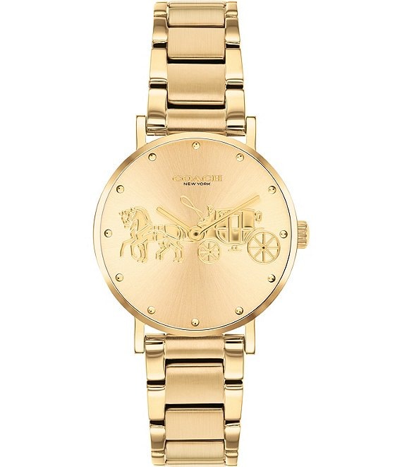 Color:Gold - Image 1 - Perry Goldtone Horse & Carriage Logo Dial Bracelet Watch