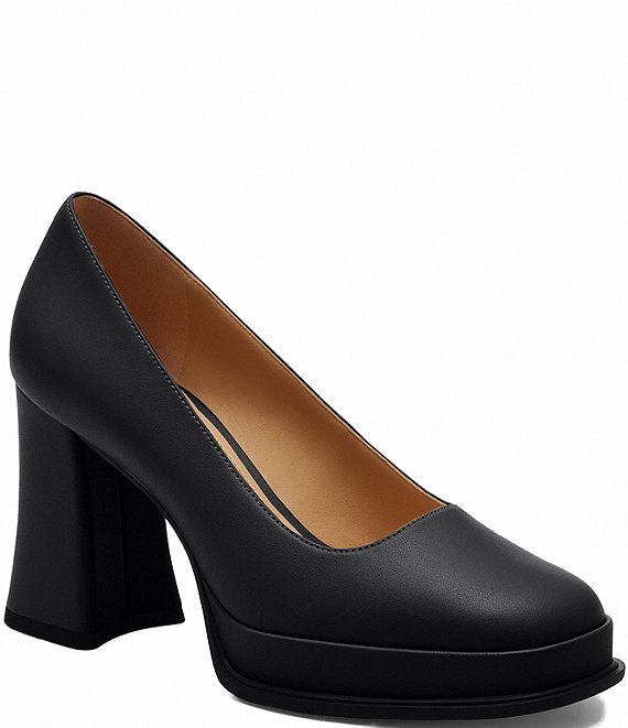 COACH Sculpted C Leather Square Toe Platform Block Heel Pumps