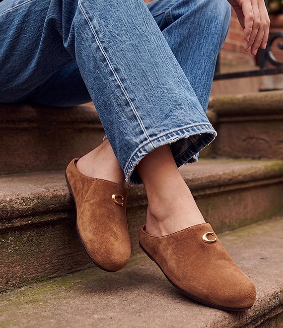 靴 COACH signature mules brown COACH Sculpted C Soft Suede Mules | Dillard's