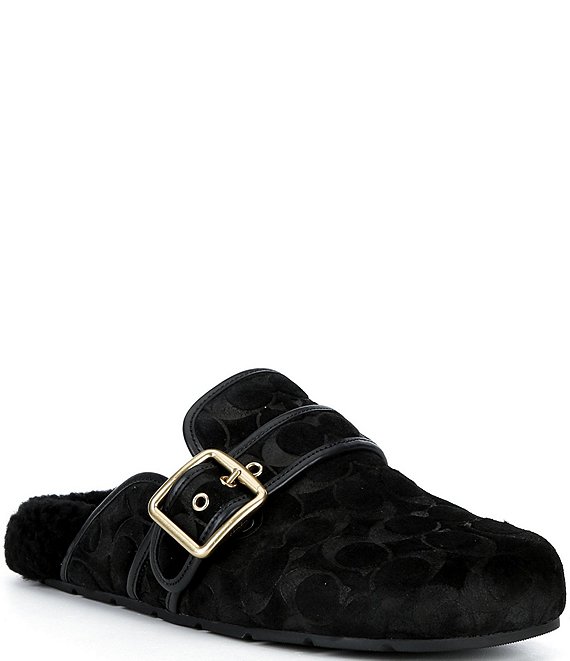 COACH Shearling Leather Buckle Logo Clogs