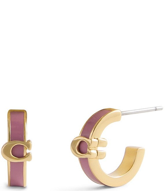 COACH Signature C Enamel Huggie Hoop Earrings, Light Pink/Gold - Image 1