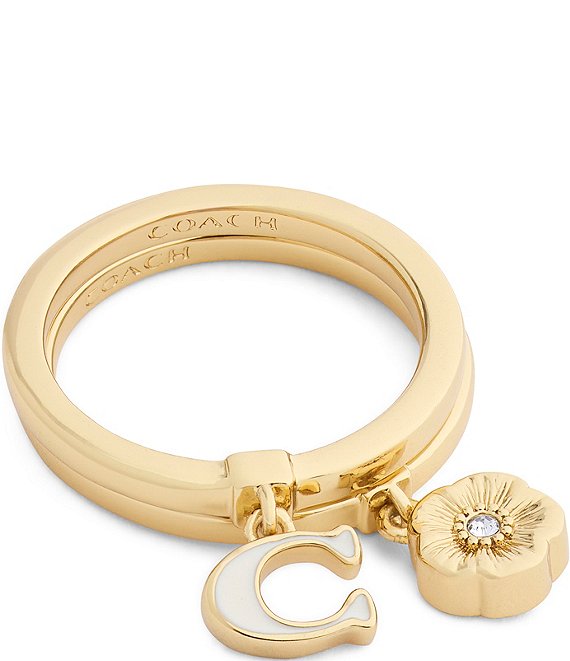 COACH Signature C Tea Rose Charm Duo Stacked Ring Set