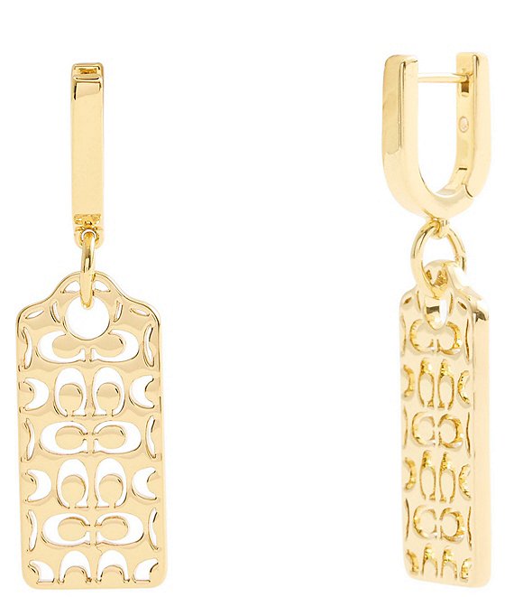COACH Signature Quilted Cut-Out Hangtag Charm Huggie Hoop Earrings, Shiny Gold - Image 1
