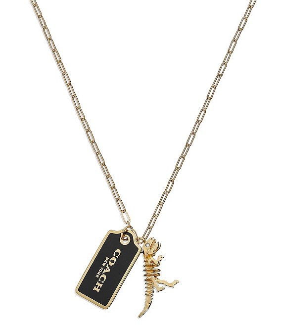 Color:Black/Gold - Image 1 - Signature Tag and Dinosaur Charm Long Pendant Necklace
