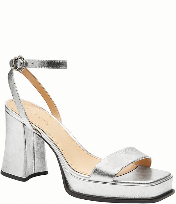 COACH Tea Rose Metallic Leather Ankle Strap Platform Sandals