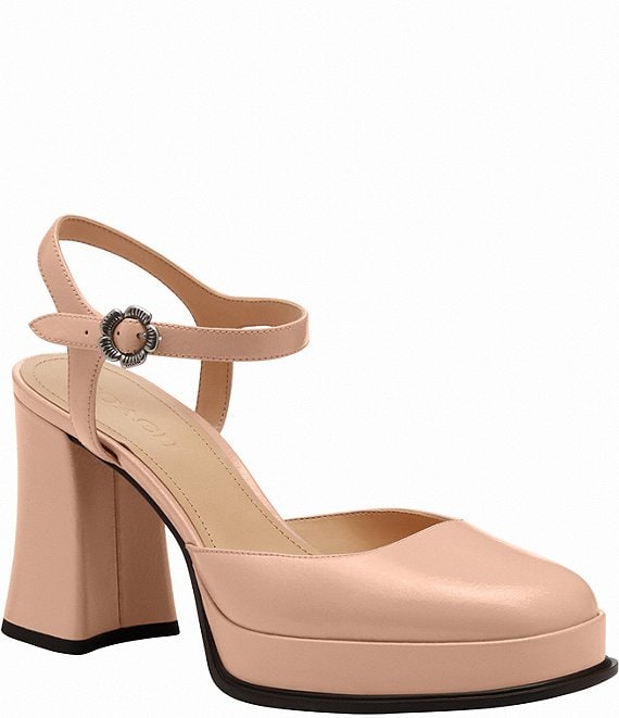 COACH Tea Rose Patent Leather Ankle Strap Block Heel Pumps