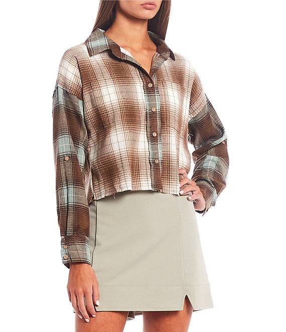 Color:Multi - Image 1 - Button Front Cropped Mixed Plaid Flannel Shirt