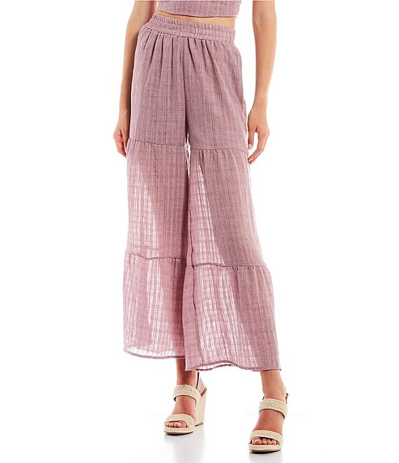Color:Faded Berry - Image 1 - Coordinating Shadow Plaid Gauze Tiered Wide Leg Pants