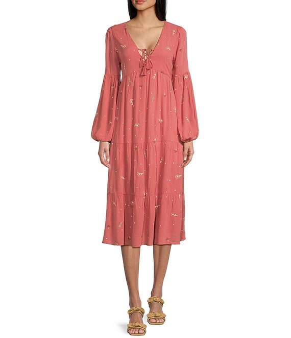 Coco + Jaimeson Ditsy Floral Print Long Sleeve Lace Up Midi Dress ...