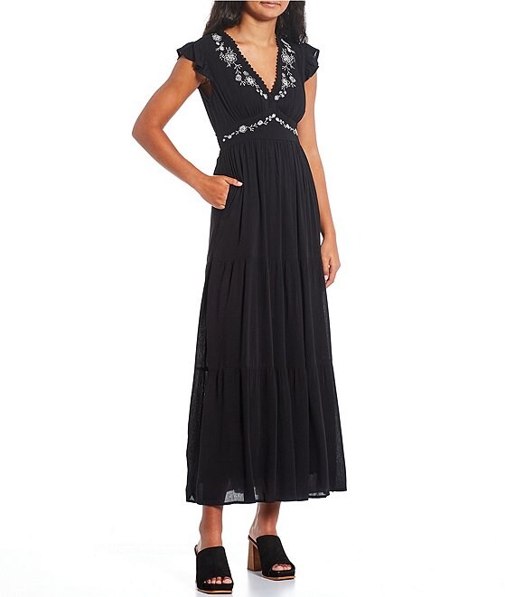 Coco + Jaimeson Embroidered Flutter Sleeve Tiered Maxi Dress