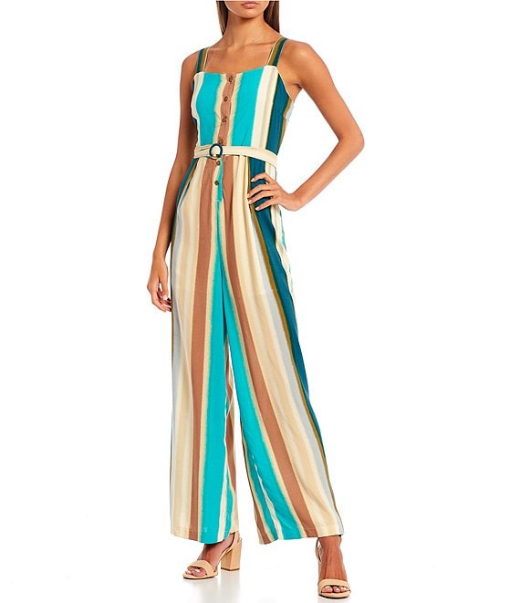 Color:Shady Pine - Image 1 - Sleeveless Square Neck Striped Tie Waist Jumpsuit