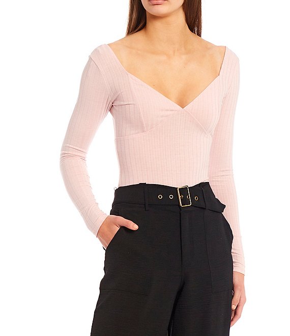 Color:Rose Quartz - Image 1 - Square Neck Long Sleeve Ribbed Bodysuit