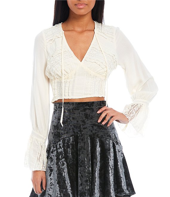 Coco + Jaimeson V-Neck Long-Sleeve Lace Bell Cuff Crop Top
