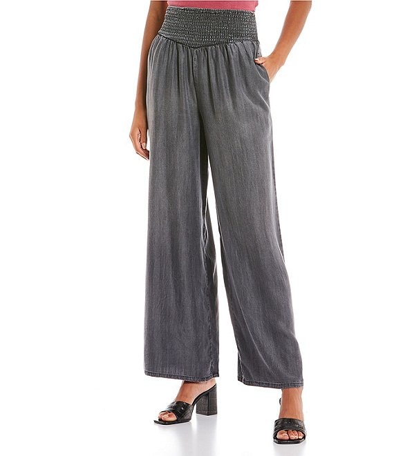 Coco + Jaimeson V-yoke Sanded Smocked Wide Leg Palazzo Pants 