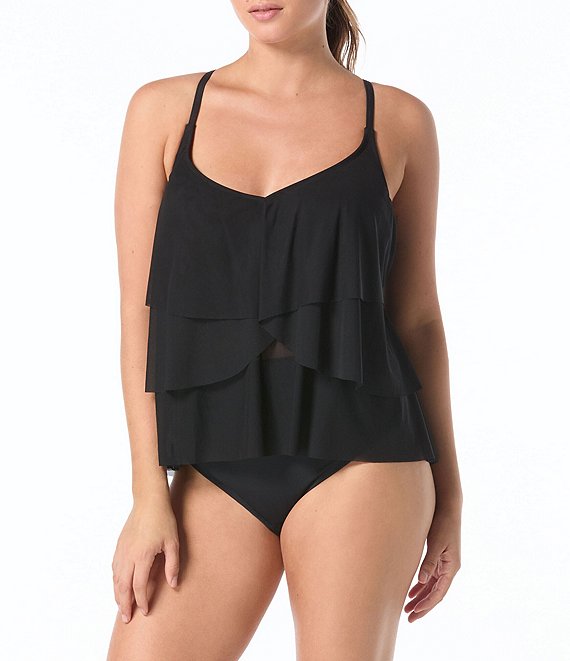 Coco Reef Classic Solid Lotus Ruffle Underwire Bra Size Tankini Swim Top & Solids High Waisted Rollover Bikini Swim Bottom