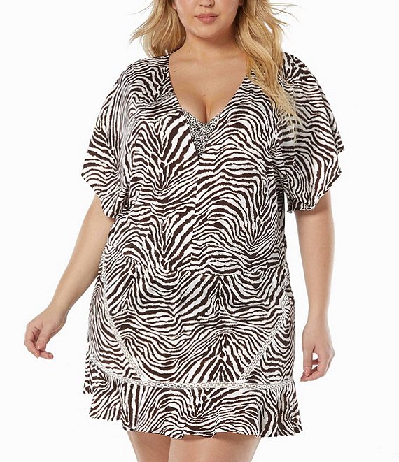 Color:Coco Brown - Image 1 - Zebra Print Adorn V-Neck Cover-Up Dress