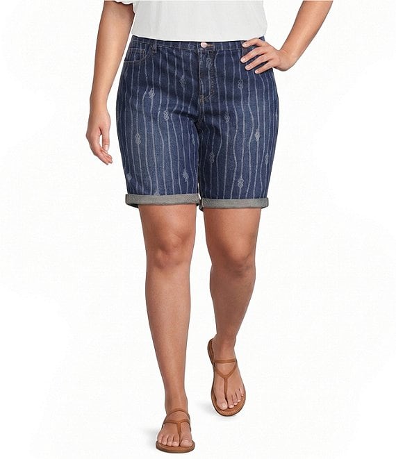 Code Bleu Plus Size Boho Mid Rise Laser Print Bermuda Denim Shorts