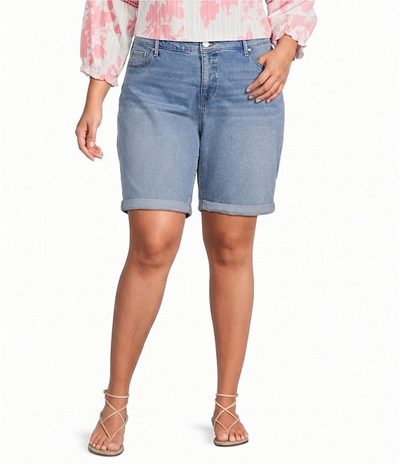 Code Bleu Plus Size Soho Mid Rise Double Button Rolled Cuff Denim Bermuda Shorts