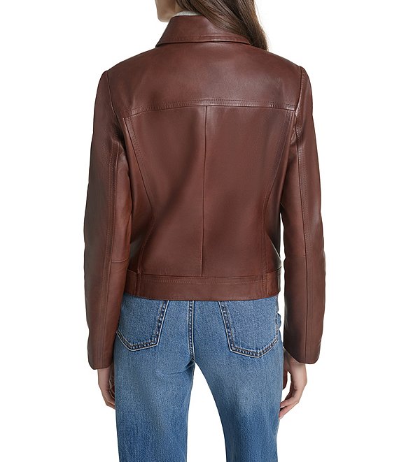 Cole Haan Lamb Leather Point Collar Hidden Snap Front Moto Jacket