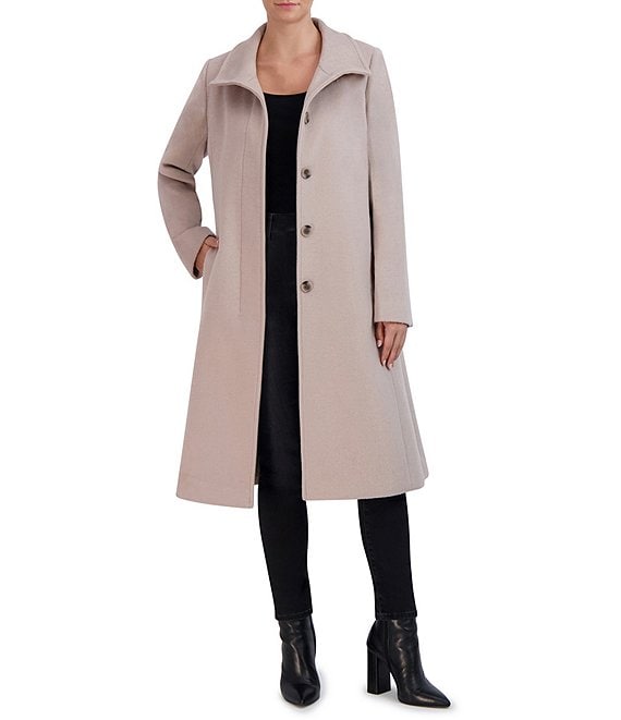 Color:Stone - Image 1 - Long Sleeve Button Front Wool Blend Coat