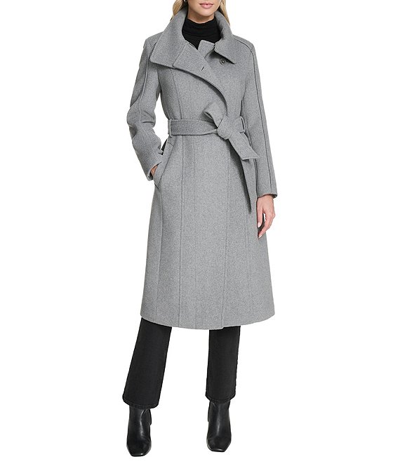 Cole Haan Wool Blend Water Resistant Stand Collar Belted Wrap Coat, Medium Grey - Image 1