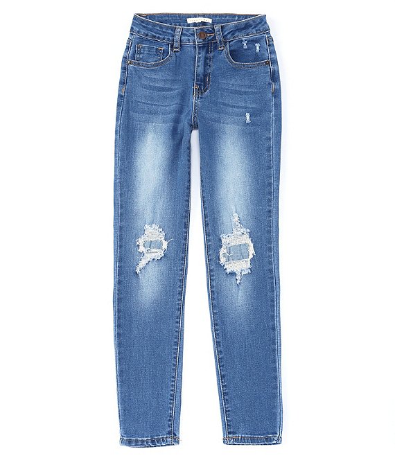 Color:Medium Stone - Image 1 - Big Girls 7-16 Repair Denim Jeans