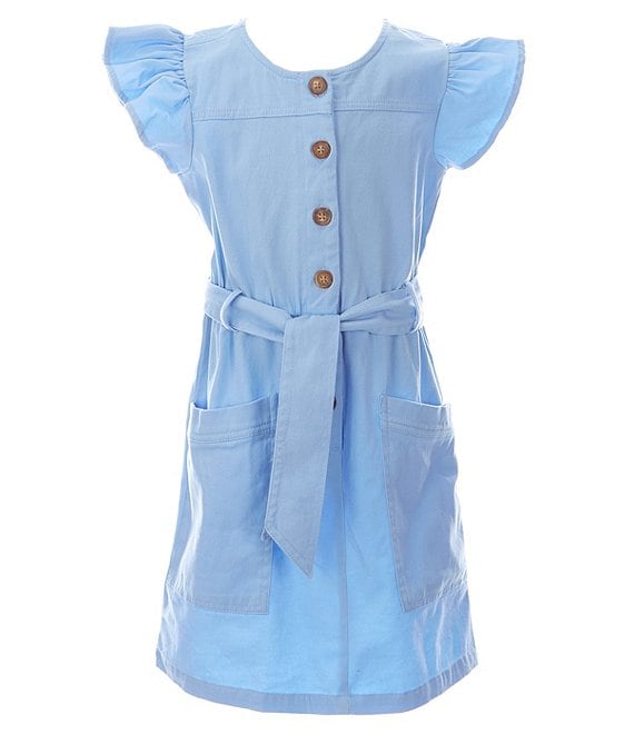 Color:Blue - Image 1 - Big Girls 7-16 Button Front Flutter Sleeve Tie Waist Dress