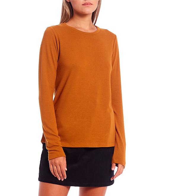 Color:Mustard - Image 1 - Brushed Knit Long Sleeve Top